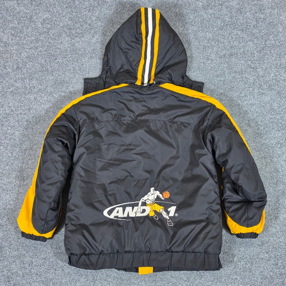 Y2K AND1 Boy Large 14/16 Reversible Puffer Jacket Hooded Black Yellow Basketball